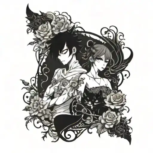 A dark romance novel scene with a twist of Anime elements tattoo design idea
