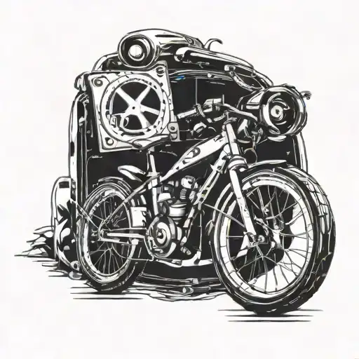 A fusion of Sleep Token and Martin Garrix symbols with a bike motif tattoo design idea