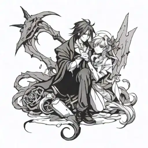 A dark romance novel scene with a twist of Anime elements tattoo design idea