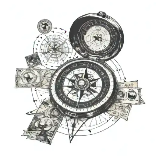 A compass rose surrounded by vintage travel stamps and postmarks tattoo design idea