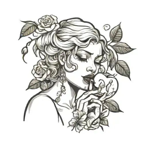 eve biting on the apple in the mouth in a rose garden tattoo design idea