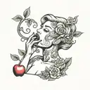 eve biting on the apple in the mouth in a rose garden tattoo design idea