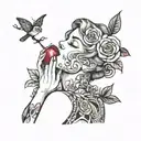 eve biting on the apple in the mouth in a rose garden tattoo design idea