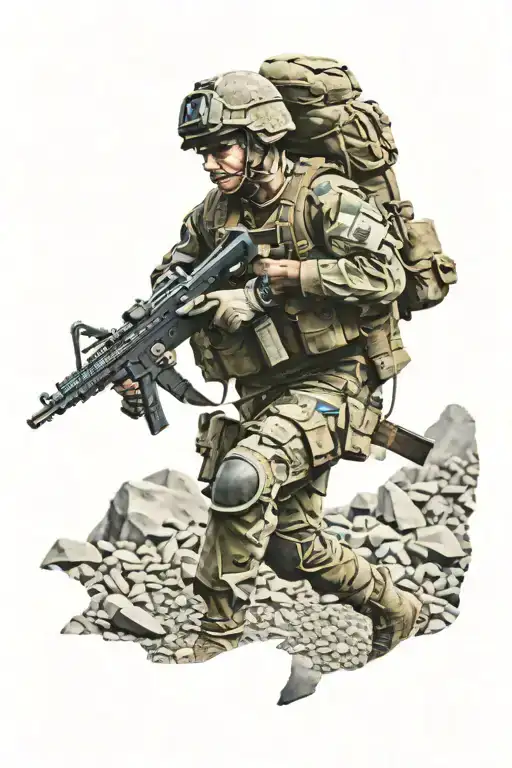 A soldier running through a pocketfield with grey stones poking out above them tattoo design idea