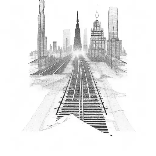 Train tracks weaving through a city skyline tattoo design idea