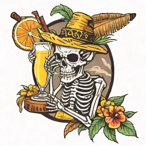 skeleton drinking Pina colada on beach tattoo design idea