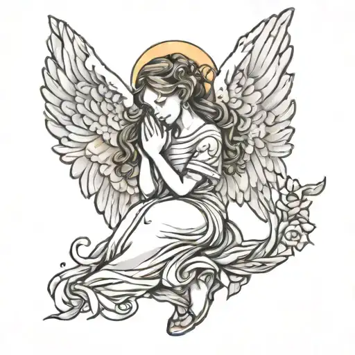 Perfect under the wings of a praying angel tattoo design idea