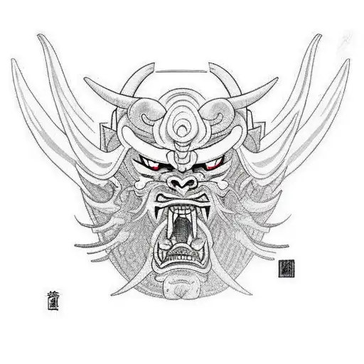 Japanese Oni with a muscular body and fierce expression. The Oni should be rendered in black ink with bold lines that ac tattoo design idea