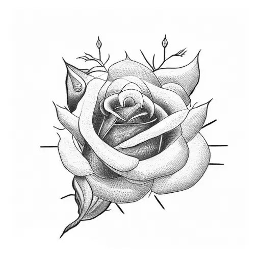 A blackwork tattoo of a rose intertwined with thorns and your last name 'Rosas' incorporated into the design tattoo design idea