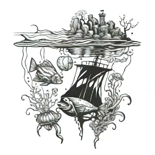 An underwater scene with fish, jellyfish and wreck tattoo design idea