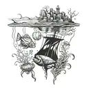 An underwater scene with fish, jellyfish and wreck tattoo design idea