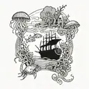 An underwater scene with fish, jellyfish and wreck tattoo design idea