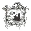 An underwater scene with fish, jellyfish and wreck tattoo design idea