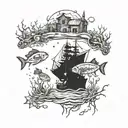 An underwater scene with fish, jellyfish and wreck tattoo design idea