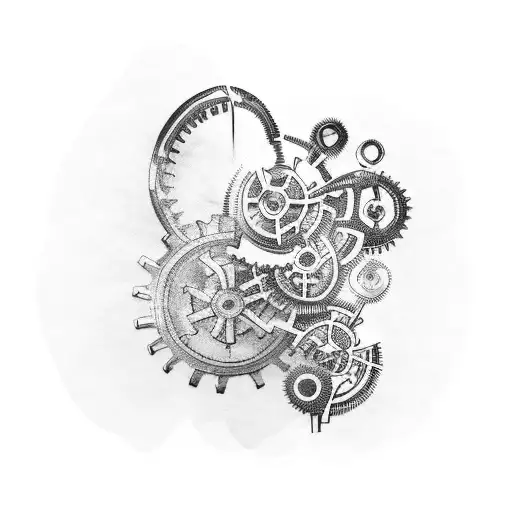A blackwork tattoo featuring an abstract representation of a river flowing through mechanical gears, symbolizing the client's love for both the river and their occupation as a mechanic. tattoo design idea
