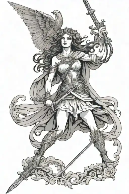 A unique design combining Georgian and Greek motifs, such as a belligerent goddess woman wielding a sword with an eagle  tattoo design idea