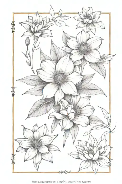 spine tattoos that has Daisy, larkspure, peony, narcissus, holly and says through thick and thin tattoo design idea