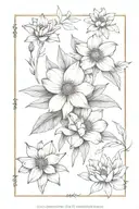 spine tattoos that has Daisy, larkspure, peony, narcissus, holly and says through thick and thin tattoo design idea