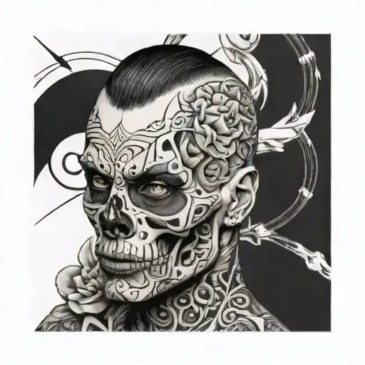 Design a black and white full arm tattoo that features a realistic human head (not a skull) with tattoo design idea