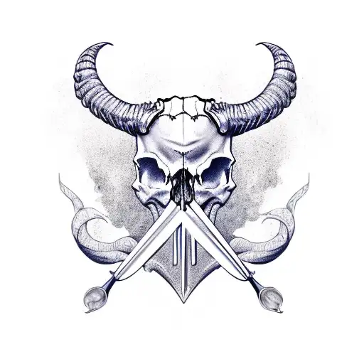 skull goat horn harp tattoo design idea