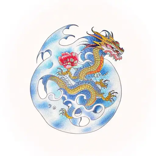 Dragon y flores tattoo design idea