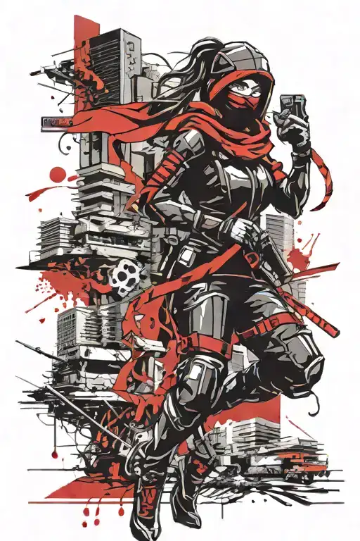 Female ninja futuristic city background black red tattoo design idea