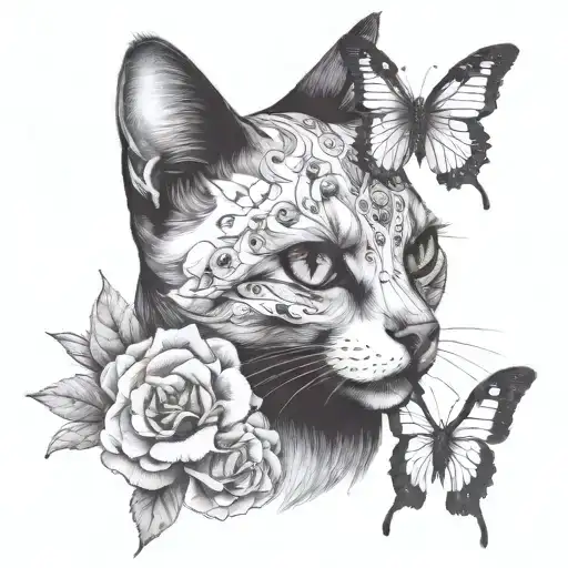 cat with flowers and a skull and a butterfly sleeve tattoo   tattoo design idea