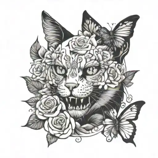 cat with flowers and a skull and a butterfly sleeve tattoo   tattoo design idea