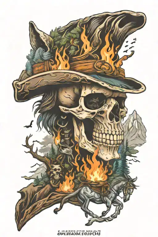 Realism full sleeve tattoo featuring skull, wolf, campfire, mountains, cowboy and horse  tattoo design idea
