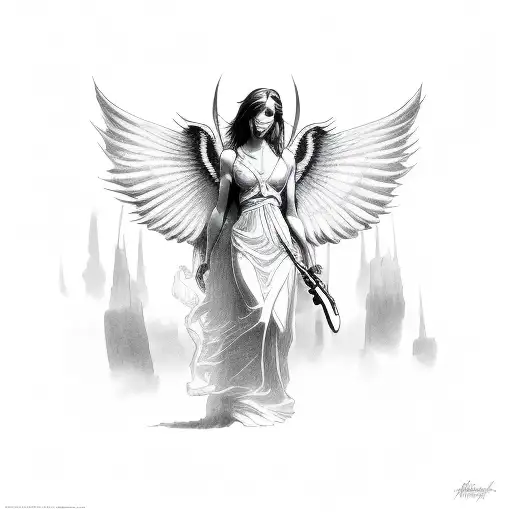 Female angel with the number 222 in it tattoo design idea