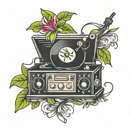 record player with Lilly flower tattoo design idea