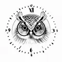 owl in forest with a clock and my family name Pranam dev on it for forearms tattoo design idea