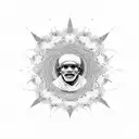 A spiritual depiction of Sai Baba surrounded by intricate dotwork mandalas and hiking trails tattoo design idea