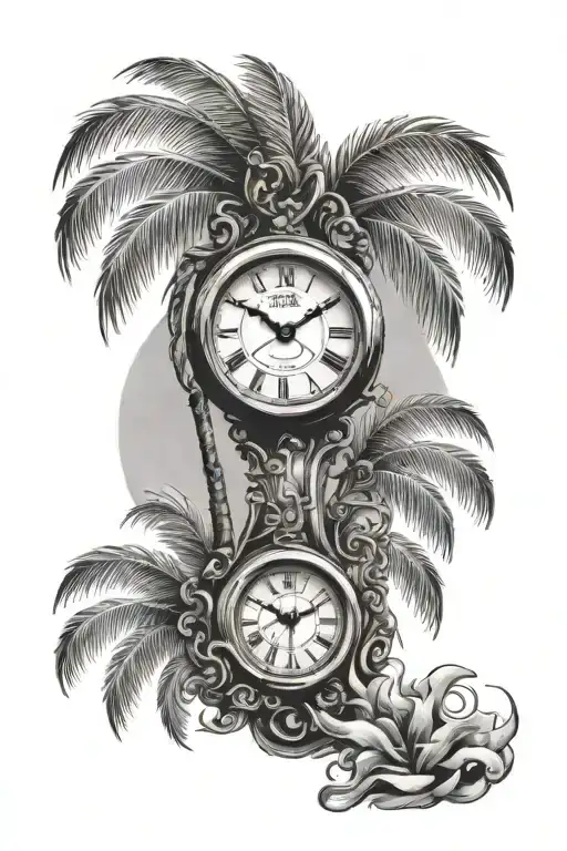 time clock palm tree tattoo design idea