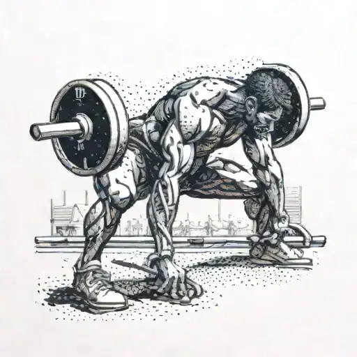 A dotwork tattoo of a worker silhouette lifting heavy weights in a gym setting, with a focus on the precision and strength required for the task tattoo design idea