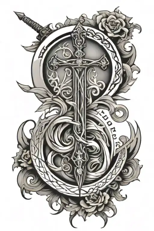 sword ; back ground christian cross aura ; enso circle with france flag colors ; balance tattoo design idea