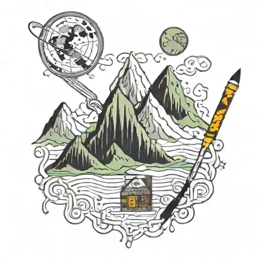 a crochet hook, a mountain, and a computer circuit board tattoo design idea