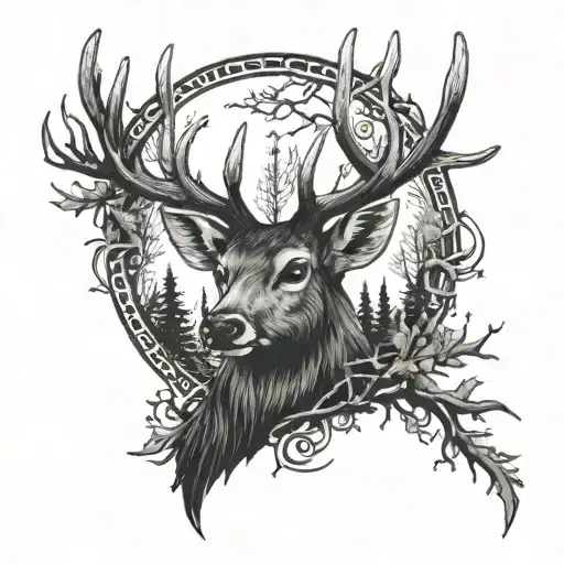 Cross with a deer head with trees tattoo design idea