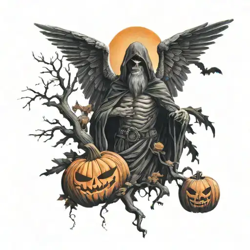 azrael angel of death, Oak tree, pumpkin, Halloween, dark tattoo design idea