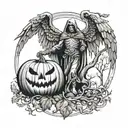 azrael angel of death, Oak tree, pumpkin, Halloween, dark tattoo design idea