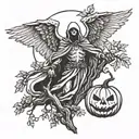 azrael angel of death, Oak tree, pumpkin, Halloween, dark tattoo design idea