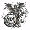 azrael angel of death, Oak tree, pumpkin, Halloween, dark tattoo design idea