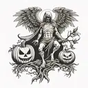 azrael angel of death, Oak tree, pumpkin, Halloween, dark tattoo design idea