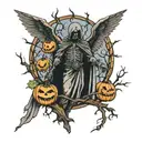 azrael angel of death, Oak tree, pumpkin, Halloween, dark tattoo design idea