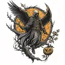 azrael angel of death, Oak tree, pumpkin, Halloween, dark tattoo design idea