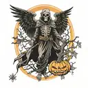 azrael angel of death, Oak tree, pumpkin, Halloween, dark tattoo design idea