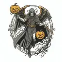 azrael angel of death, Oak tree, pumpkin, Halloween, dark tattoo design idea