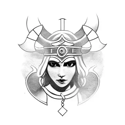 a woman blindfolded viking warrior valkyrie. in tattoo style. black and white with shadows. sitting at a lake prying. wi tattoo design idea