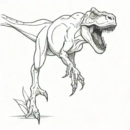 a Tyrannosaurus rex and behind it a rainforest and birds flying tattoo design idea