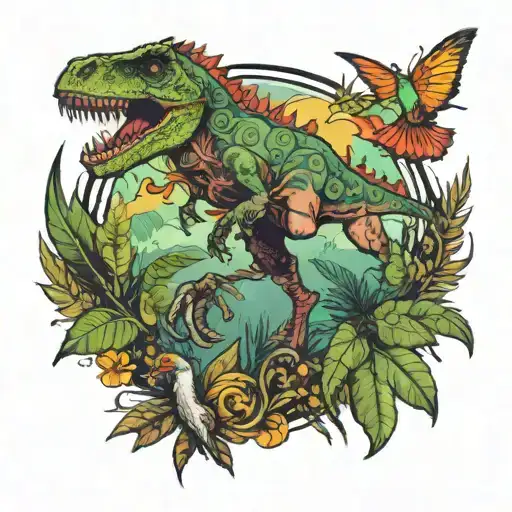 a Tyrannosaurus rex and behind it a rainforest and birds flying tattoo design idea
